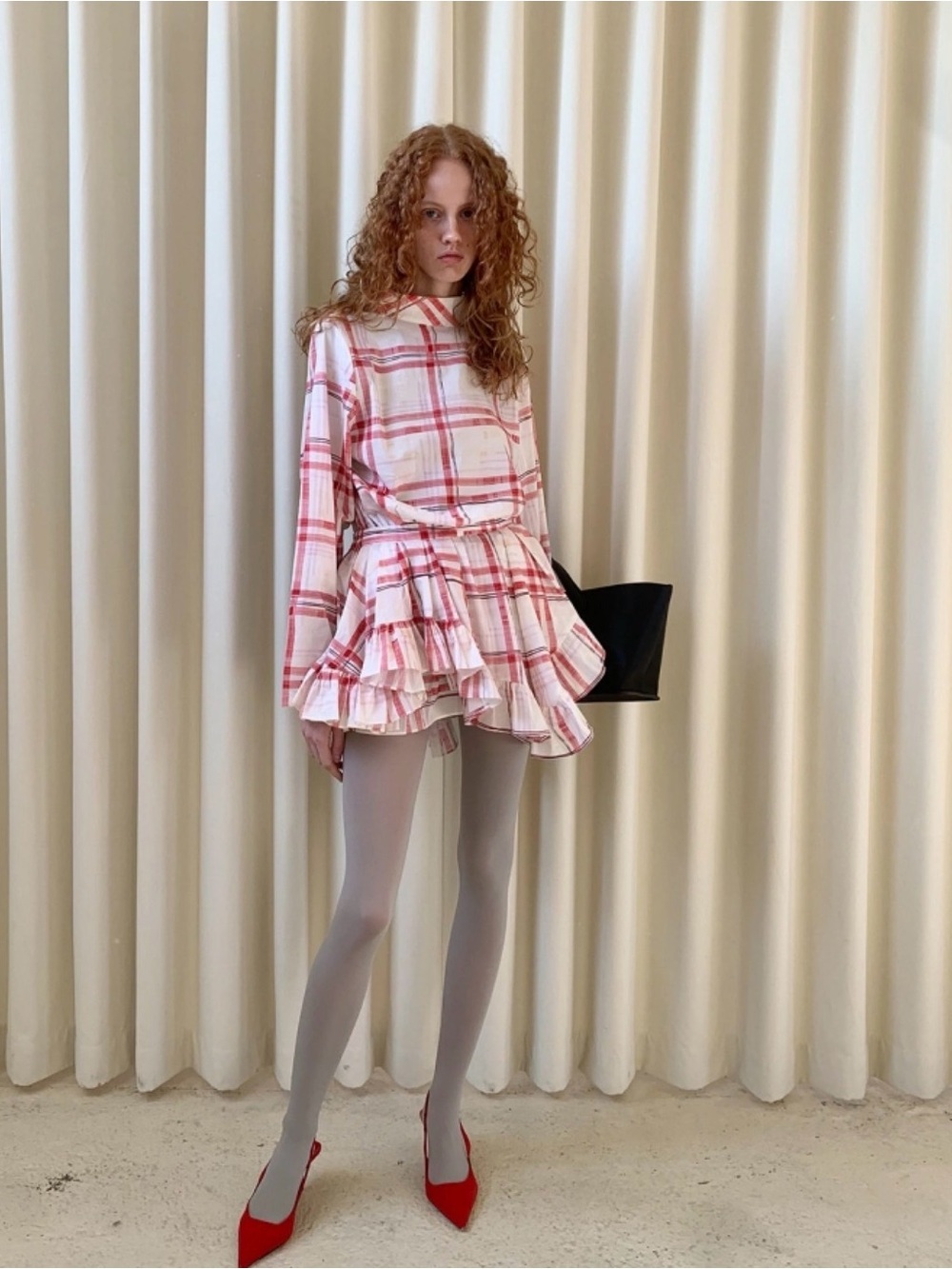 Red & White Plaid Tiered Waist Shirt Dress